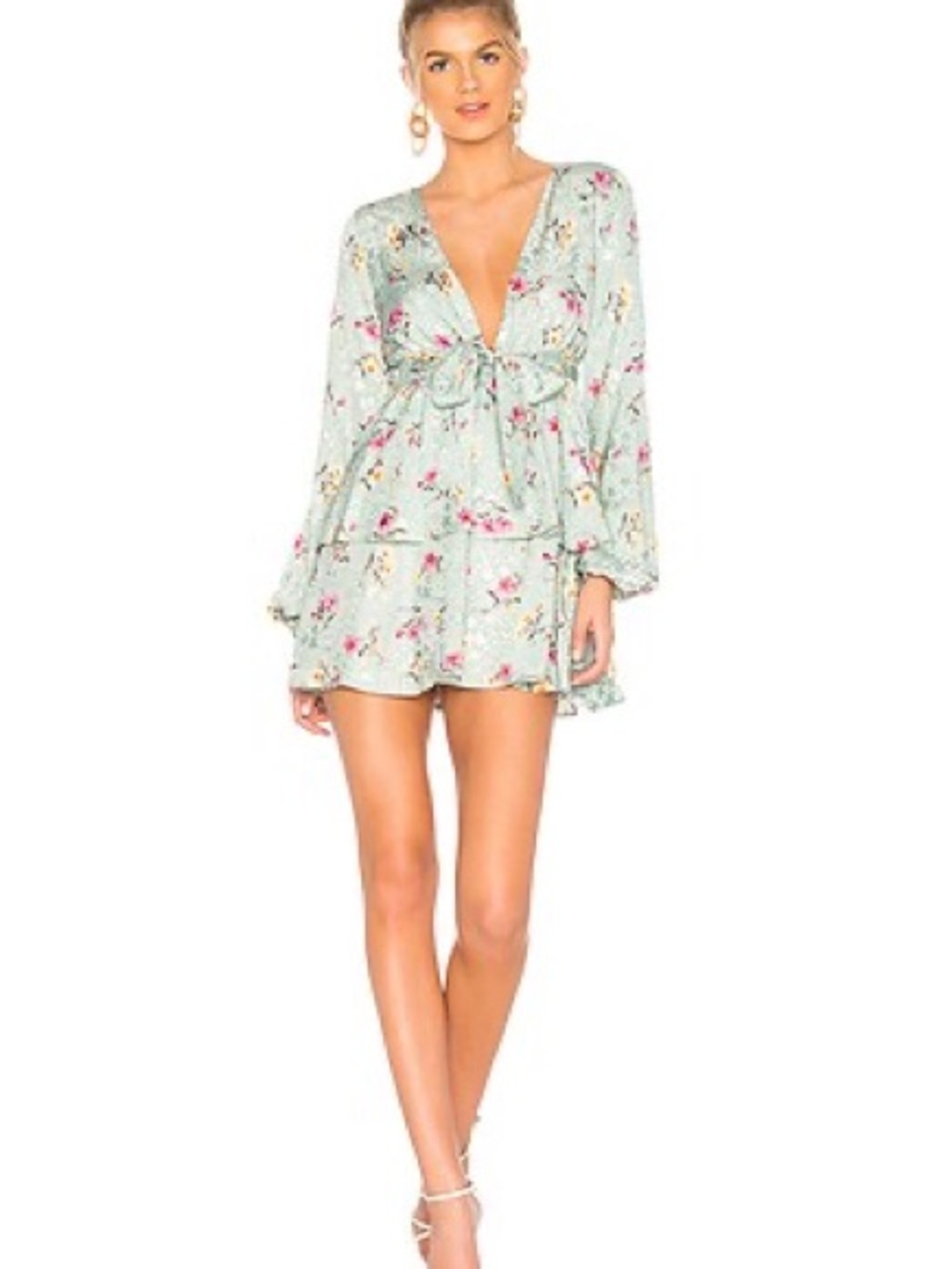 MAJORELLE Mint Floral Tie-Front Mini Dress